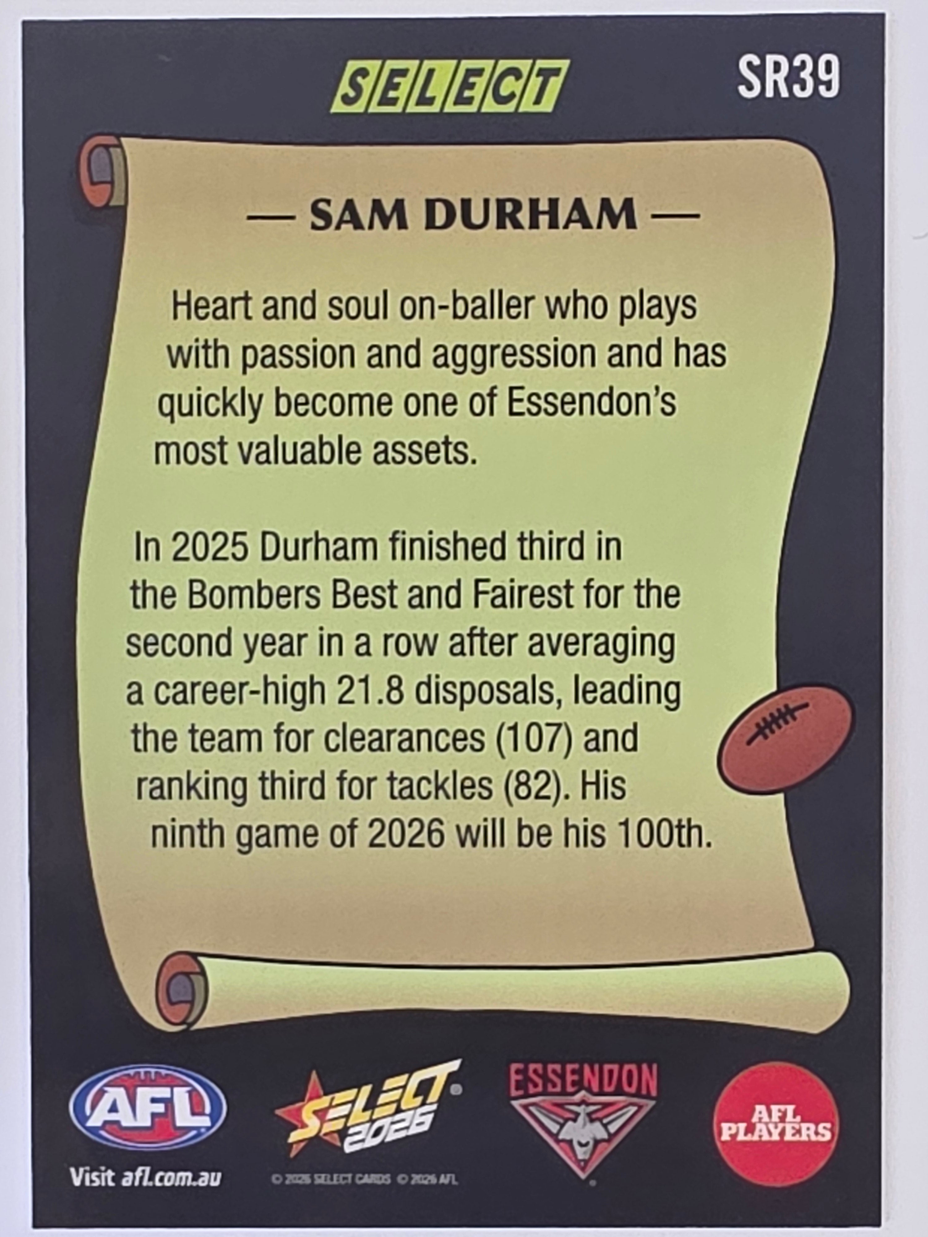 2026 AFL Footy Stars Select Rewind SR39 Sam Durham - Essendon Bombers