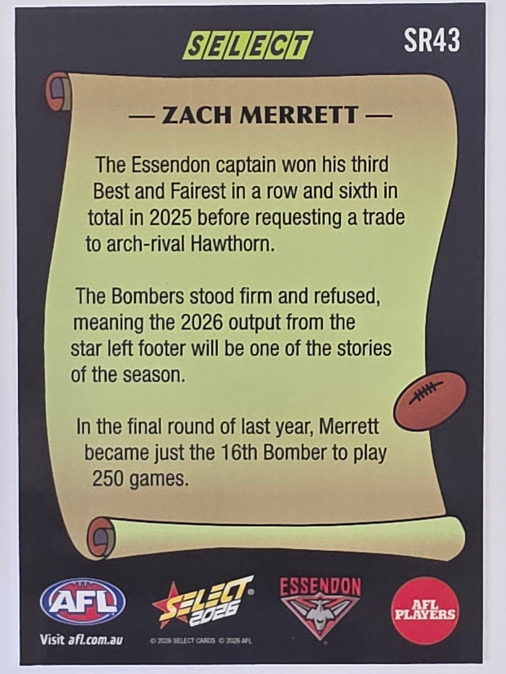 2026 AFL Footy Stars Select Rewind SR43 Zach Merrett - Essendon Bombers