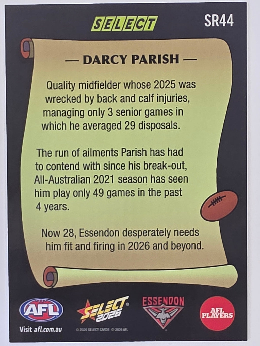 2026 AFL Footy Stars Select Rewind SR44 Darcy Parish - Essendon Bombers