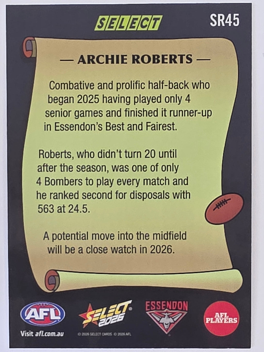 2026 AFL Footy Stars Select Rewind SR45 Archie Roberts - Essendon Bombers