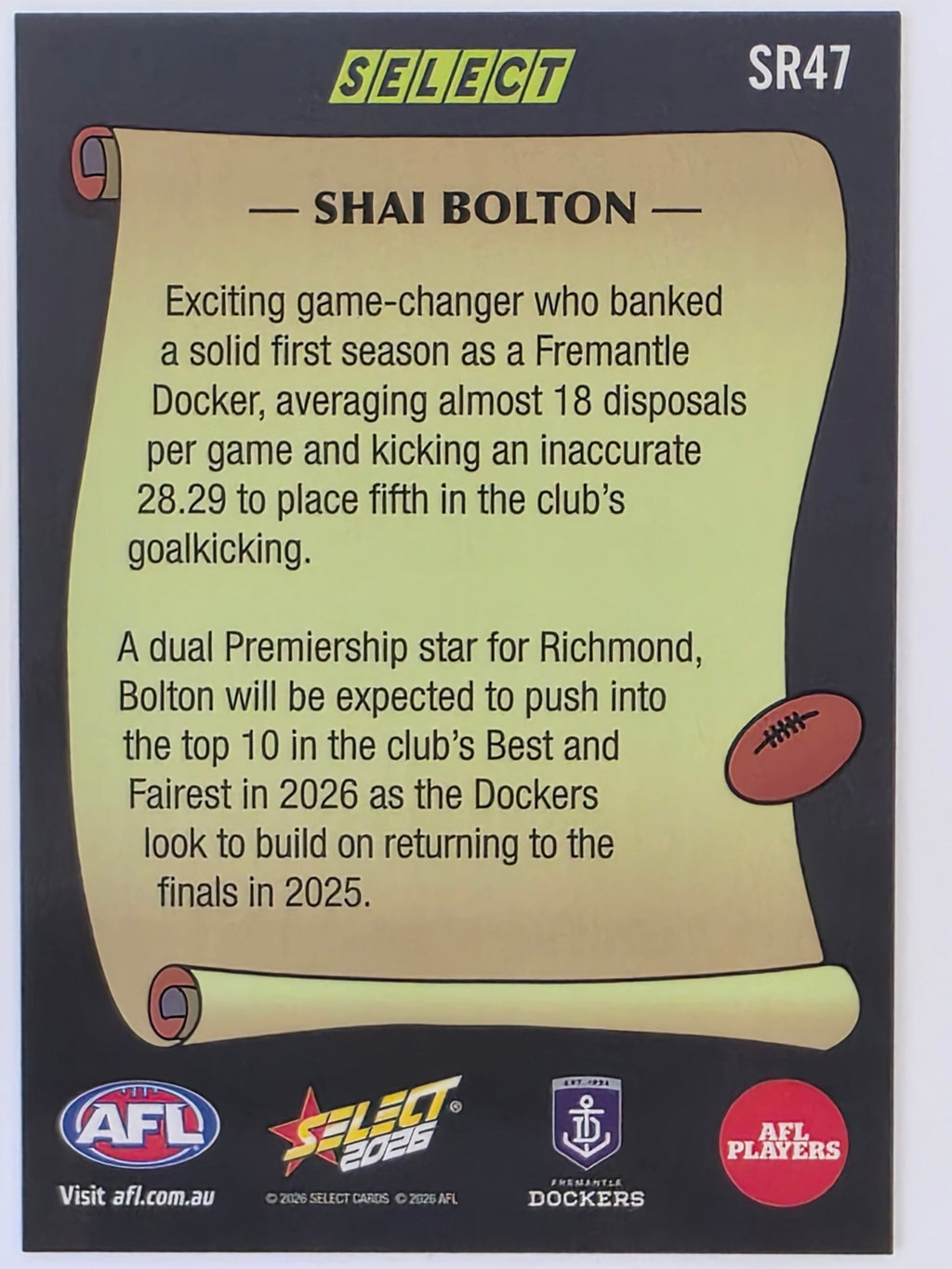 2026 AFL Footy Stars Select Rewind SR47 Shai Bolton - Fremantle Dockers