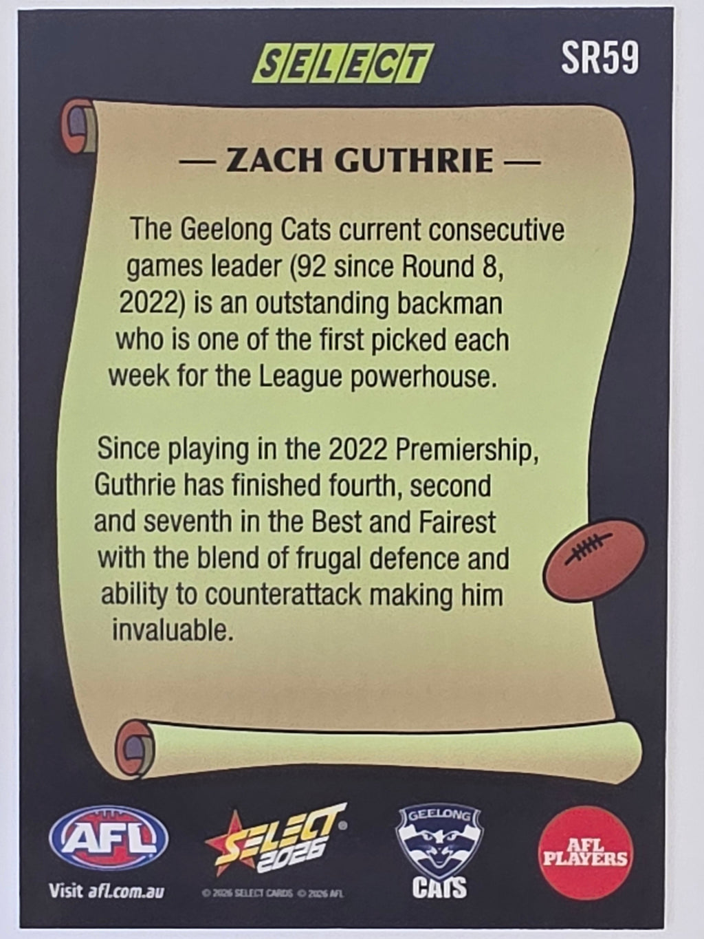 2026 AFL Footy Stars Select Rewind SR59 Zach Guthrie - Geelong Cats