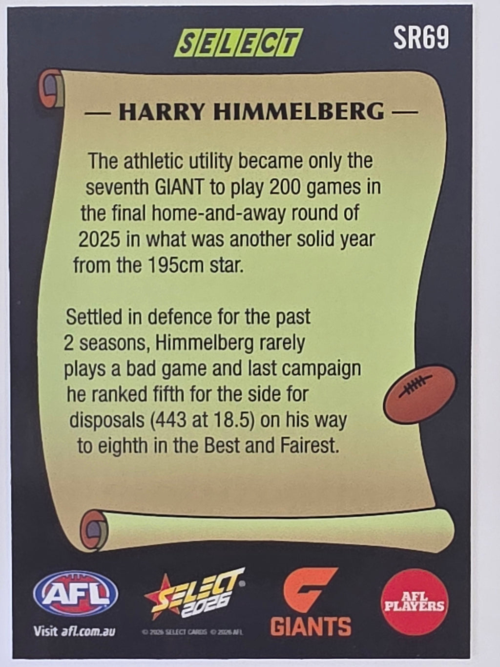 2026 AFL Footy Stars Select Rewind SR69 Harry Himmelberg - GWS Giants