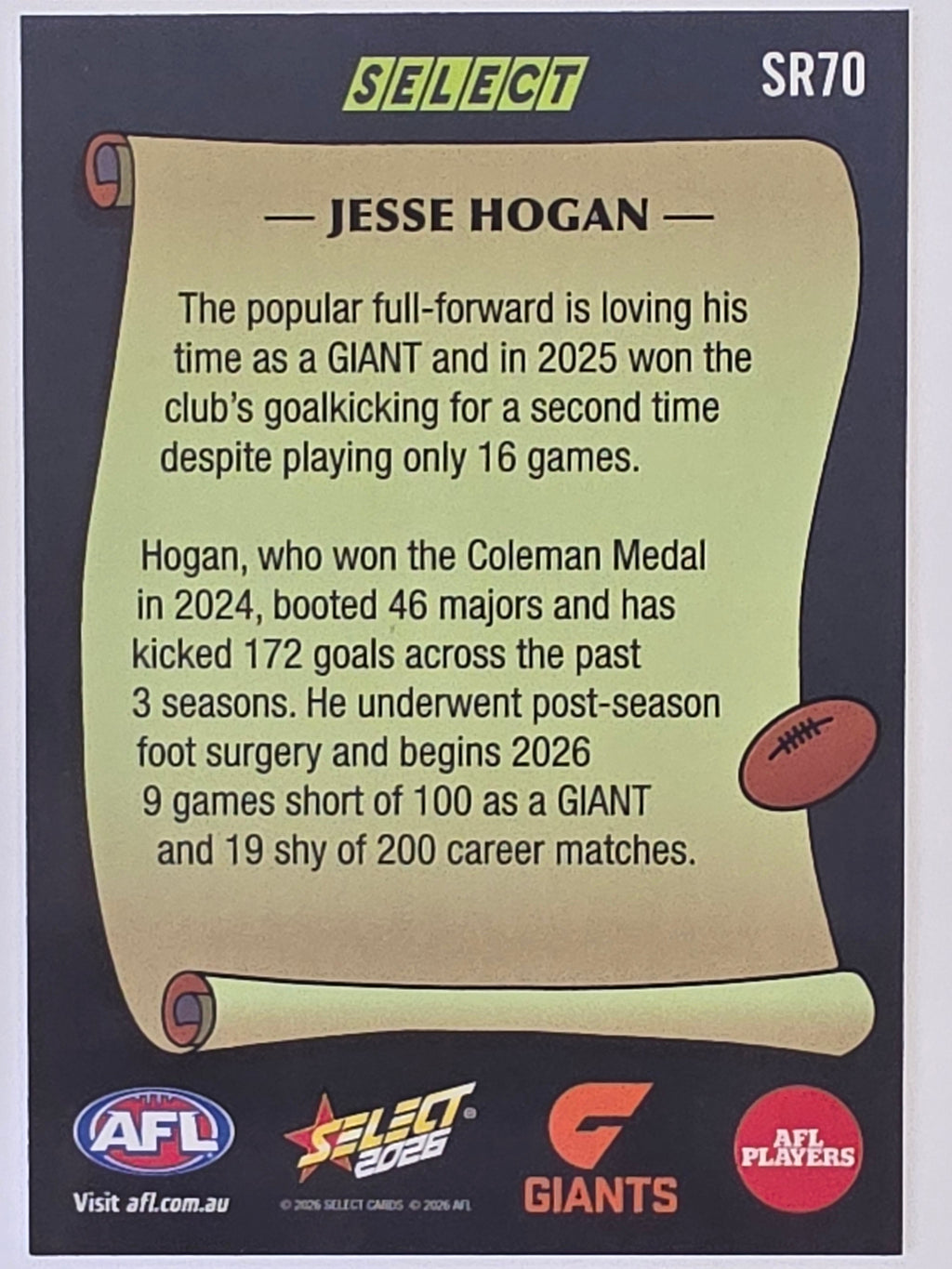 2026 AFL Footy Stars Select Rewind SR70 Jesse Hogan - GWS Giants
