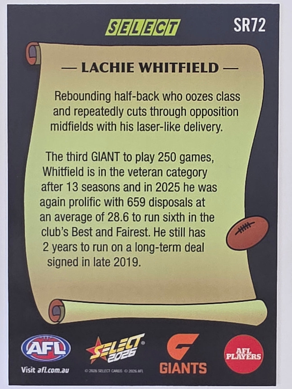2026 AFL Footy Stars Select Rewind SR72 Lachie Whitfield - GWS Giants