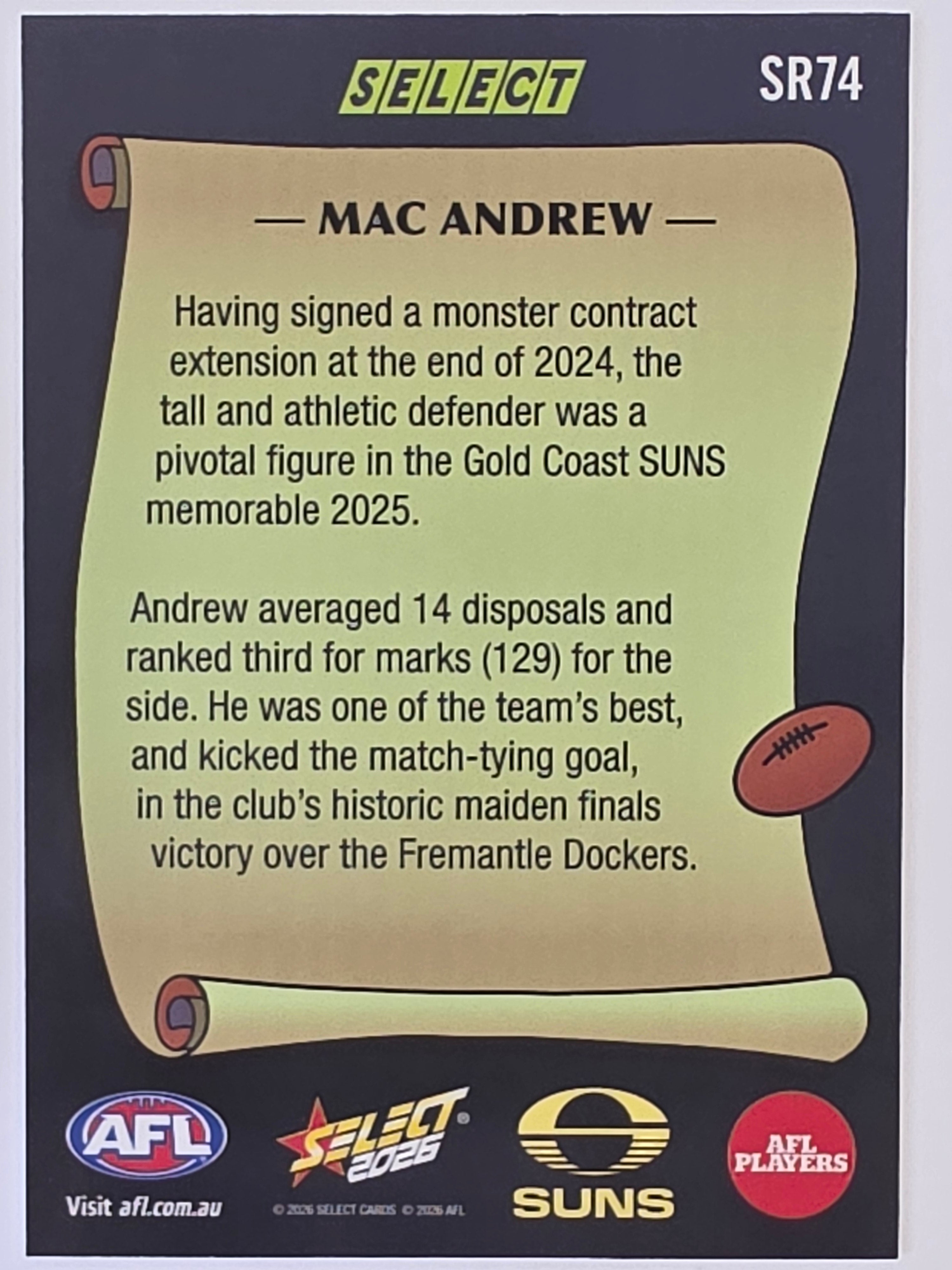 2026 AFL Footy Stars Select Rewind SR74 Mac Andrew - Gold Coast Suns