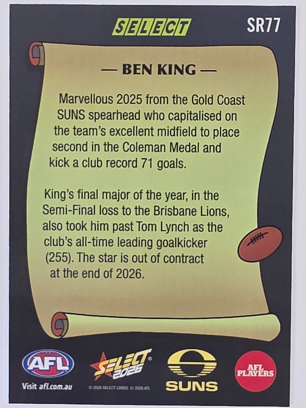 2026 AFL Footy Stars Select Rewind SR77 Ben King - Gold Coast Suns