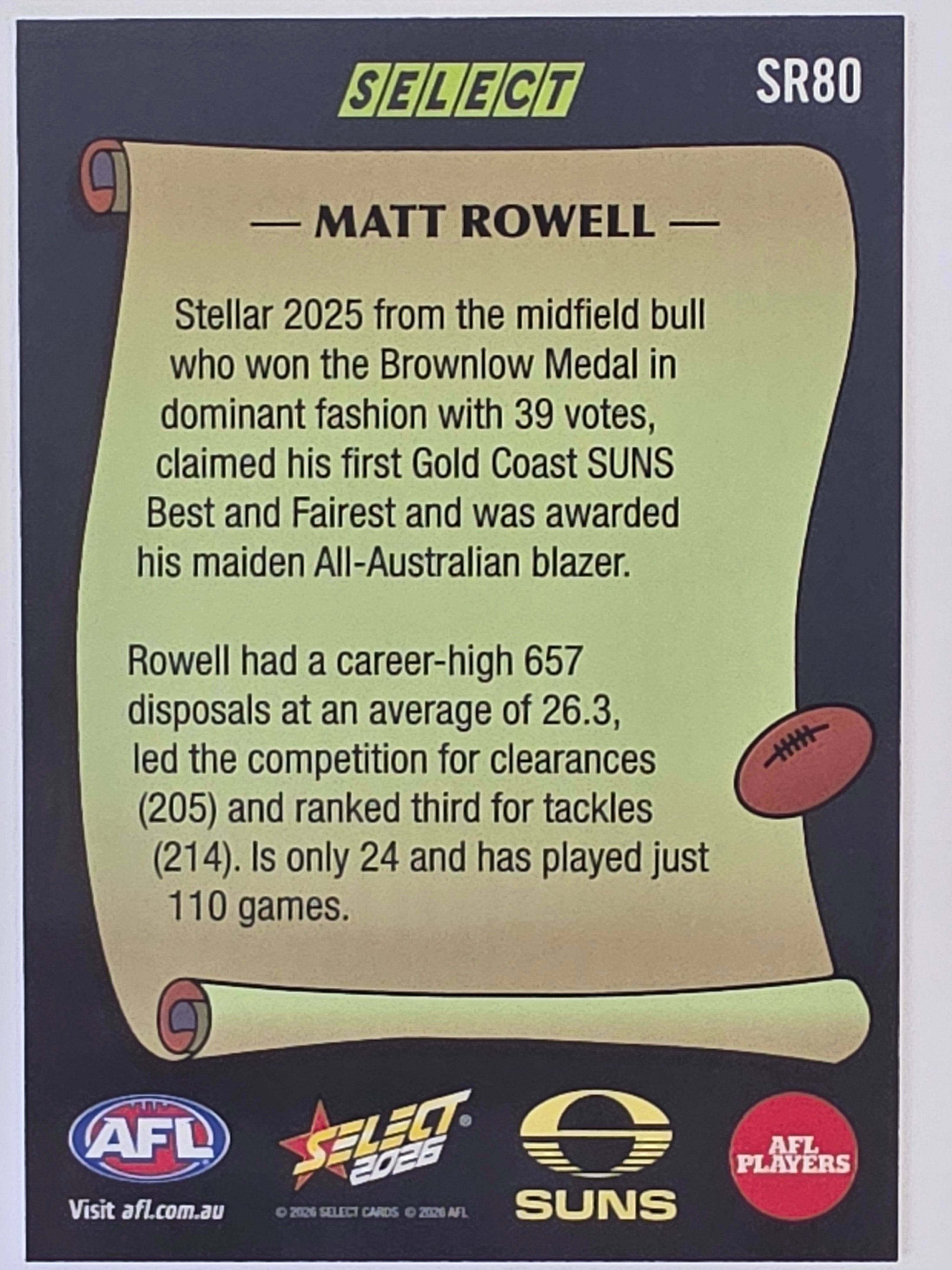 2026 AFL Footy Stars Select Rewind SR80 Matt Rowell - Gold Coast Suns