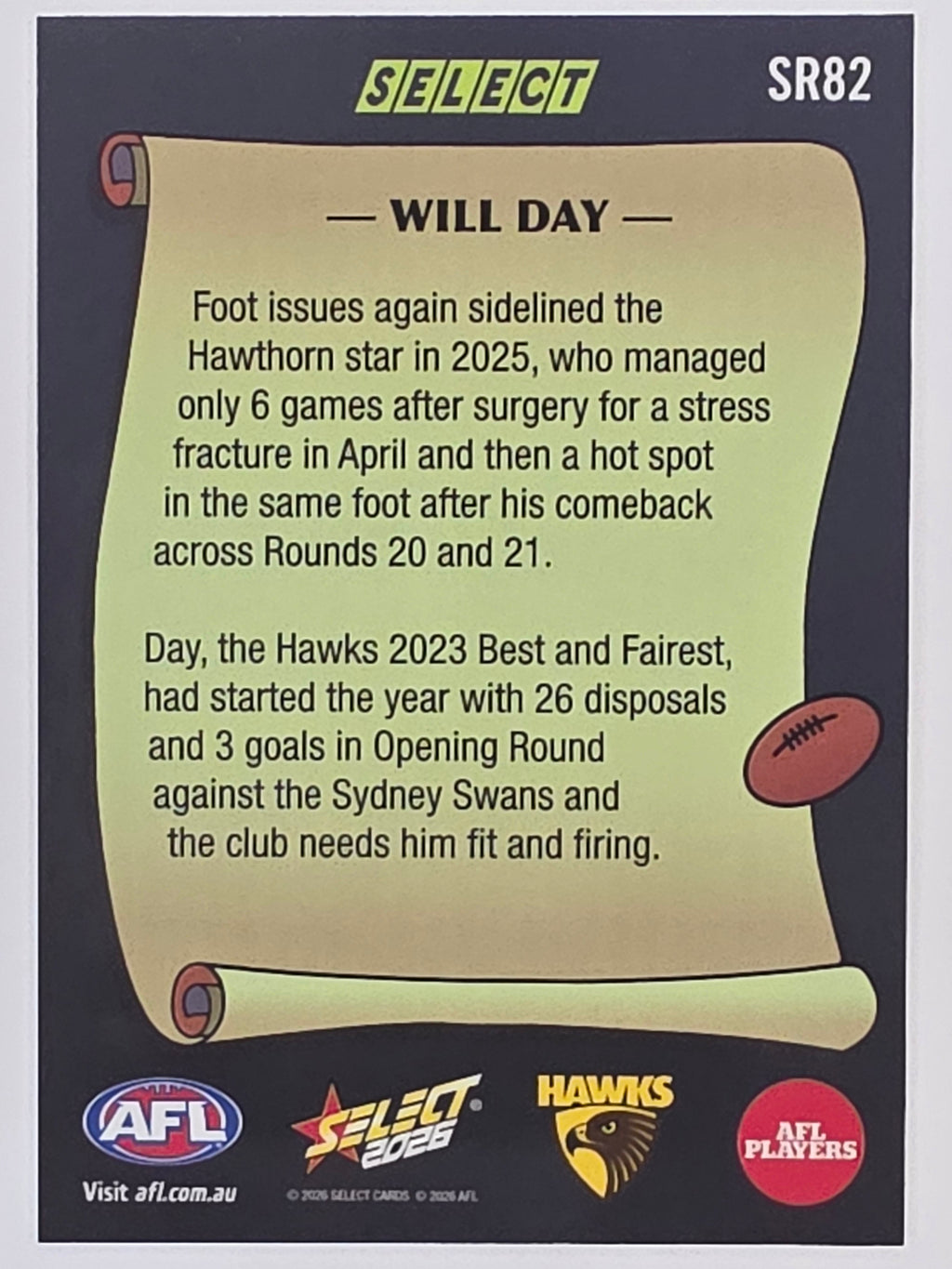 2026 AFL Footy Stars Select Rewind SR82 Will Day - Hawthorn Hawks