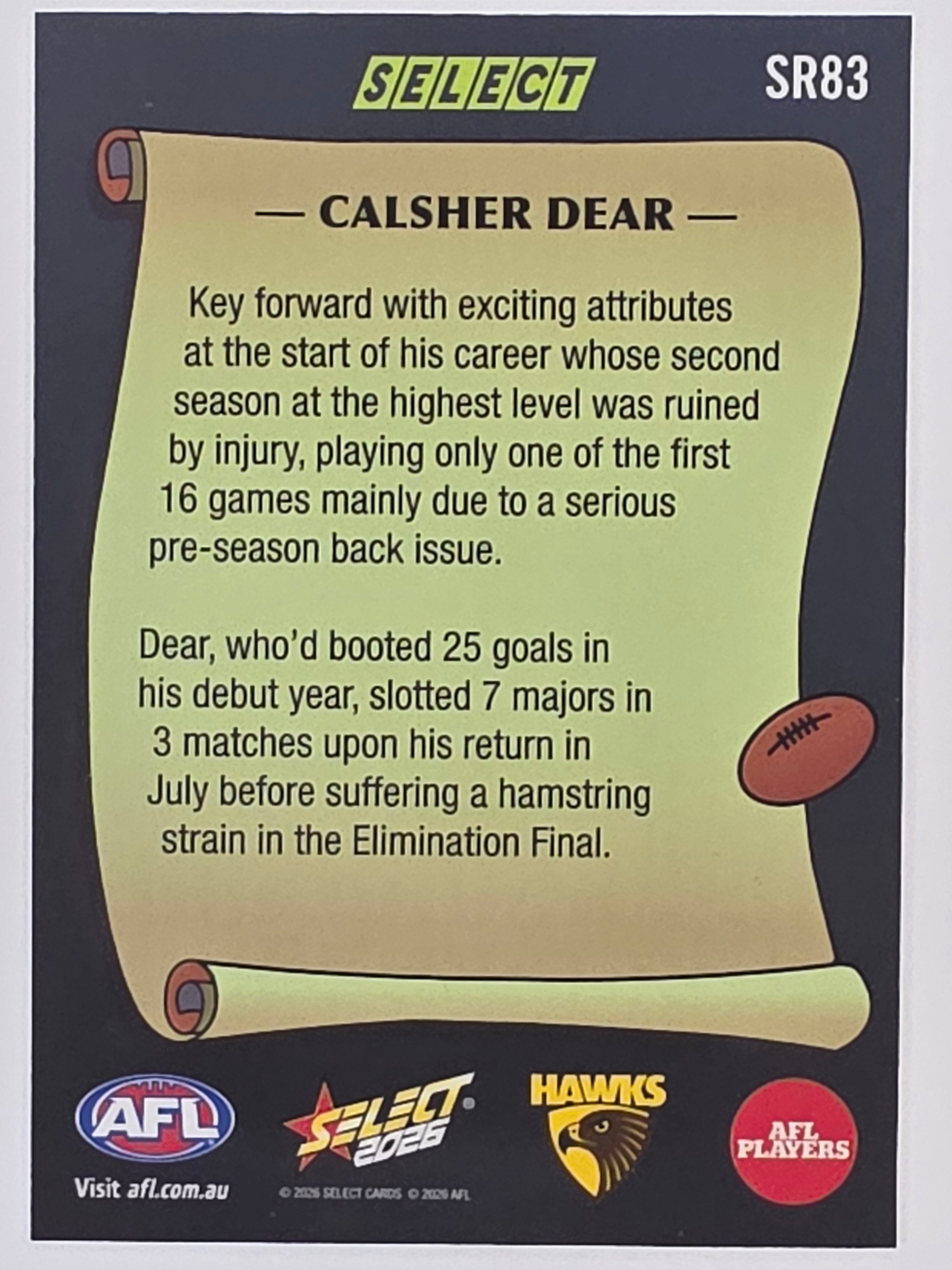 2026 AFL Footy Stars Select Rewind SR83 Calsher Dear - Hawthorn Hawks