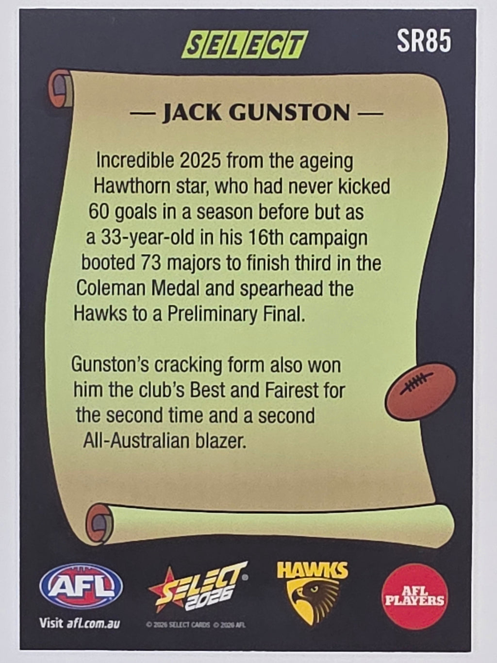2026 AFL Footy Stars Select Rewind SR85 Jack Gunston - Hawthorn Hawks