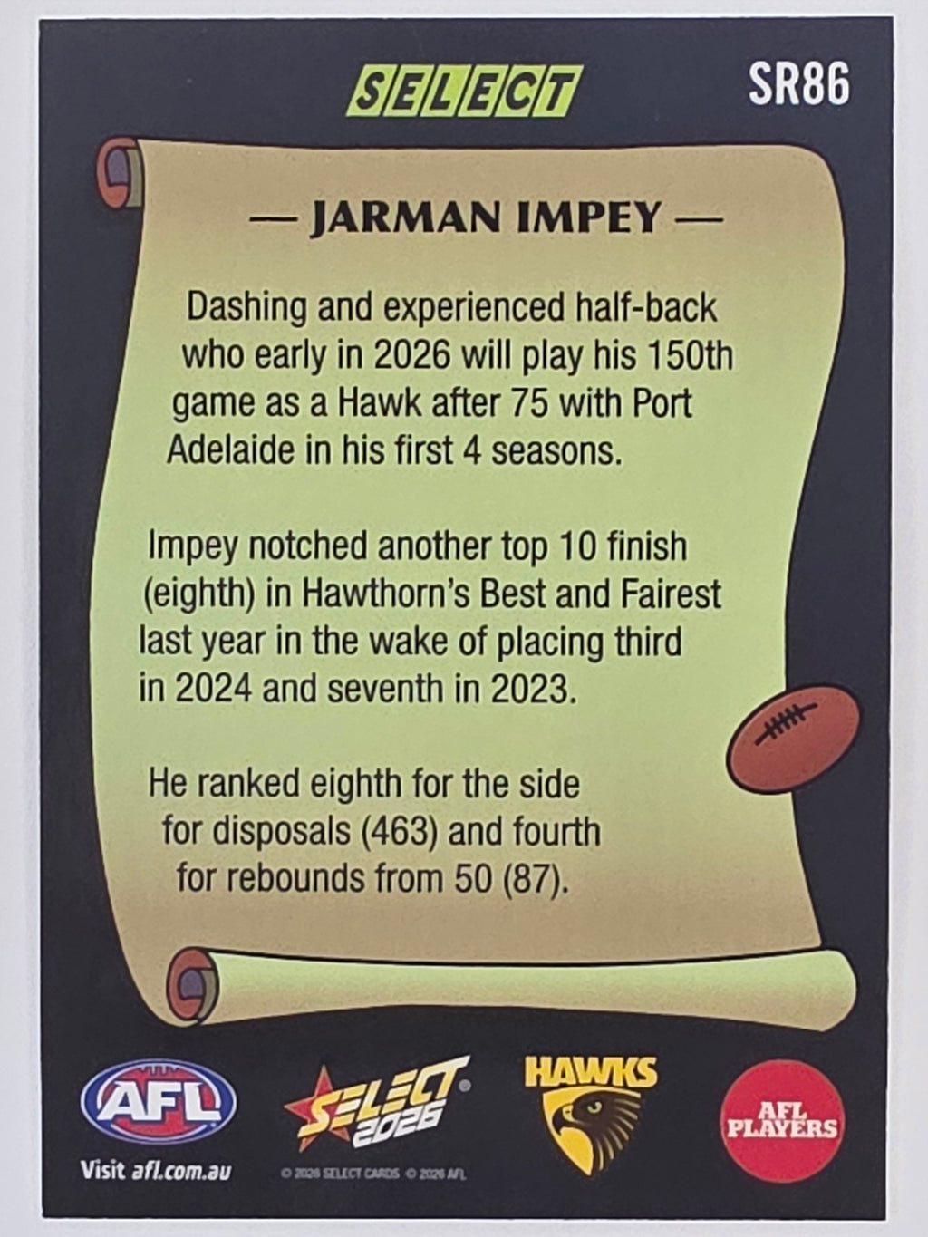 2026 AFL Footy Stars Select Rewind SR86 Jarman Impey - Hawthorn Hawks