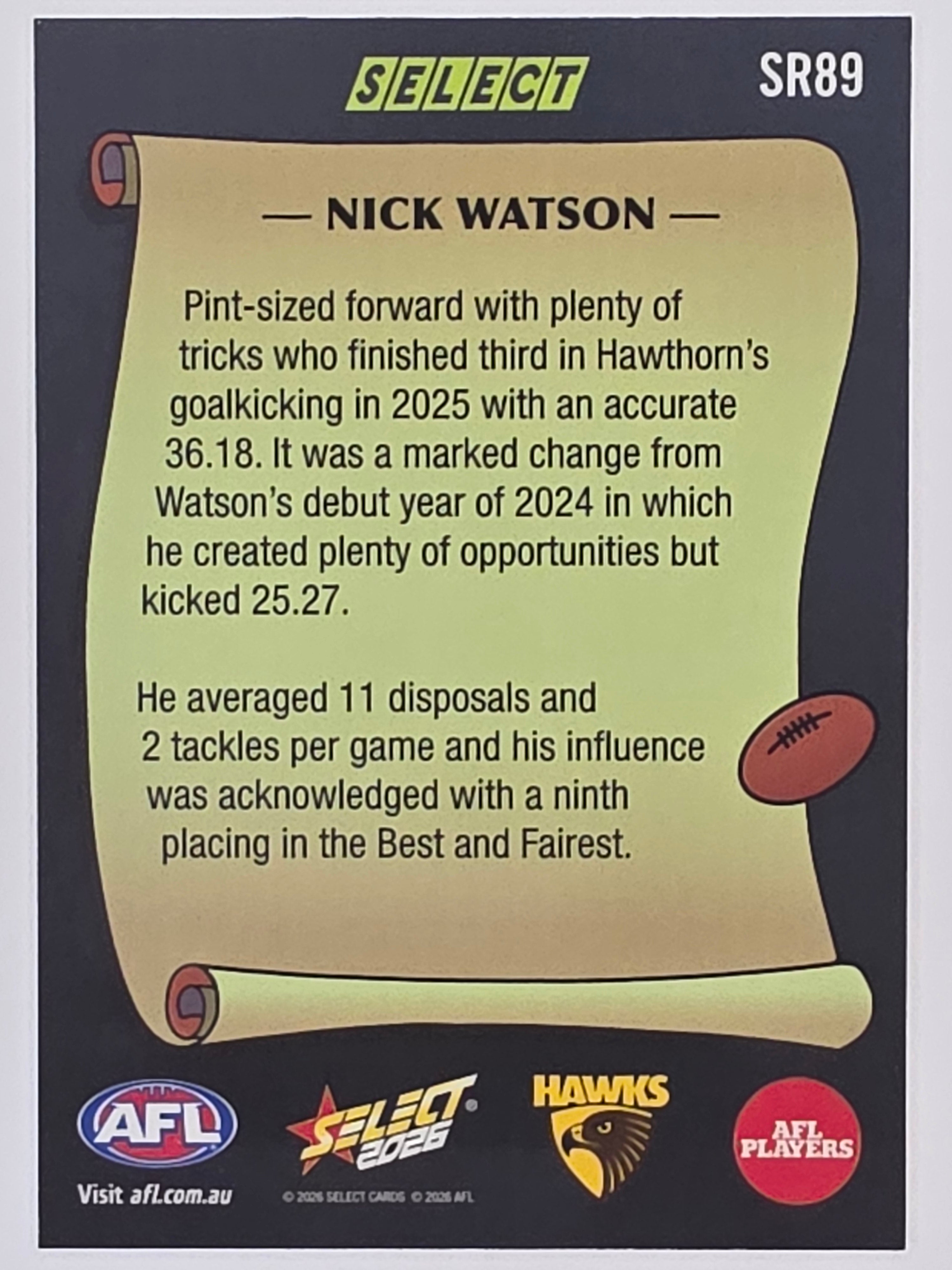 2026 AFL Footy Stars Select Rewind SR89 Nick Watson - Hawthorn Hawks