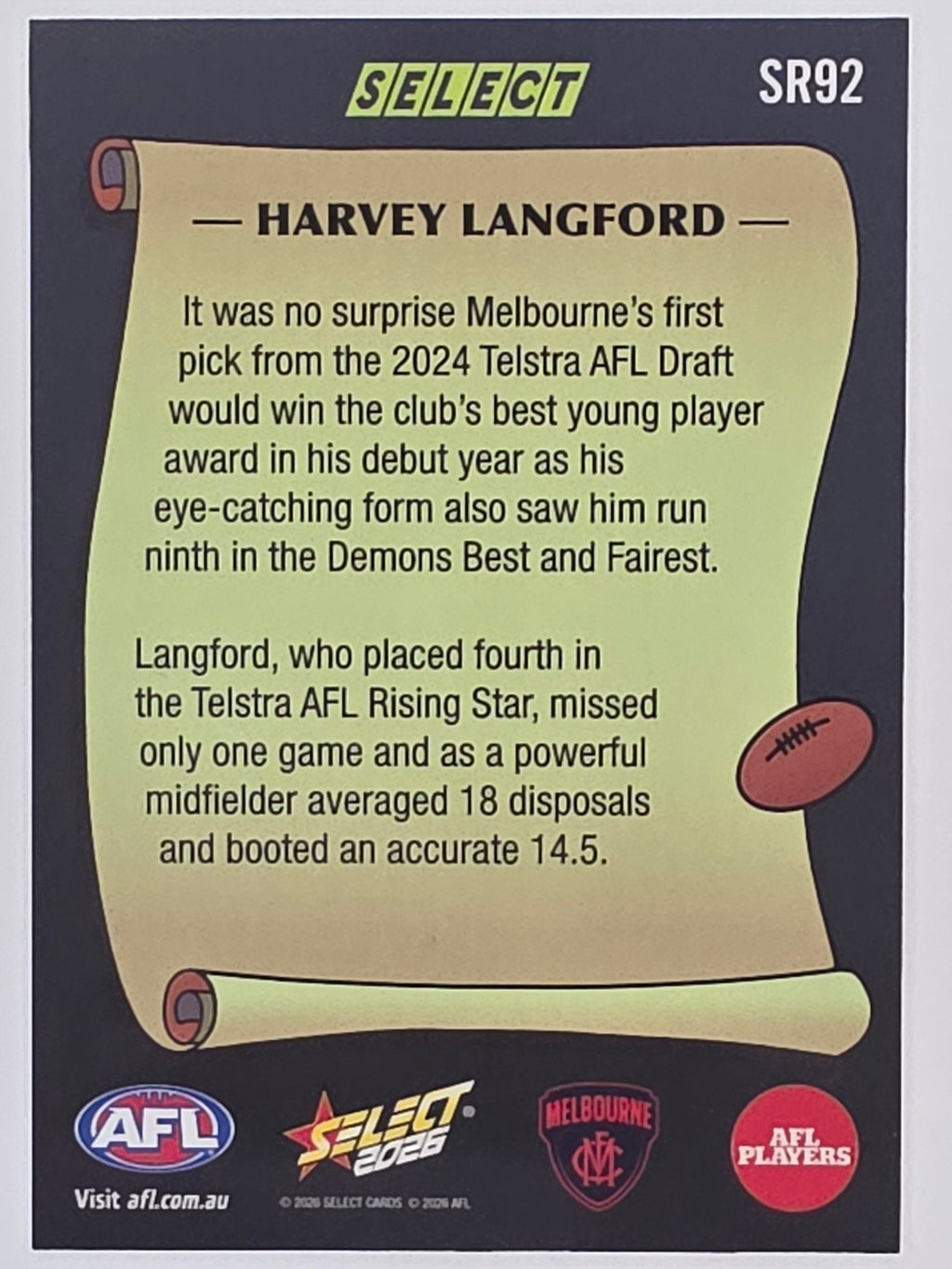 2026 AFL Footy Stars Select Rewind SR92 Harvey Langford - Melbourne Demons