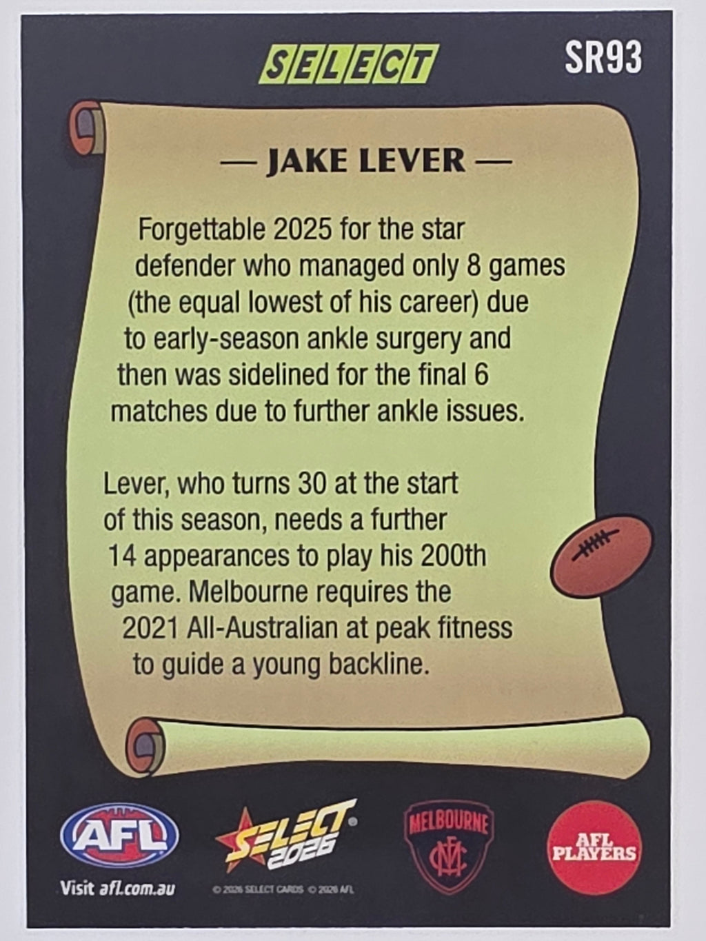 2026 AFL Footy Stars Select Rewind SR93 Jake Lever - Melbourne Demons