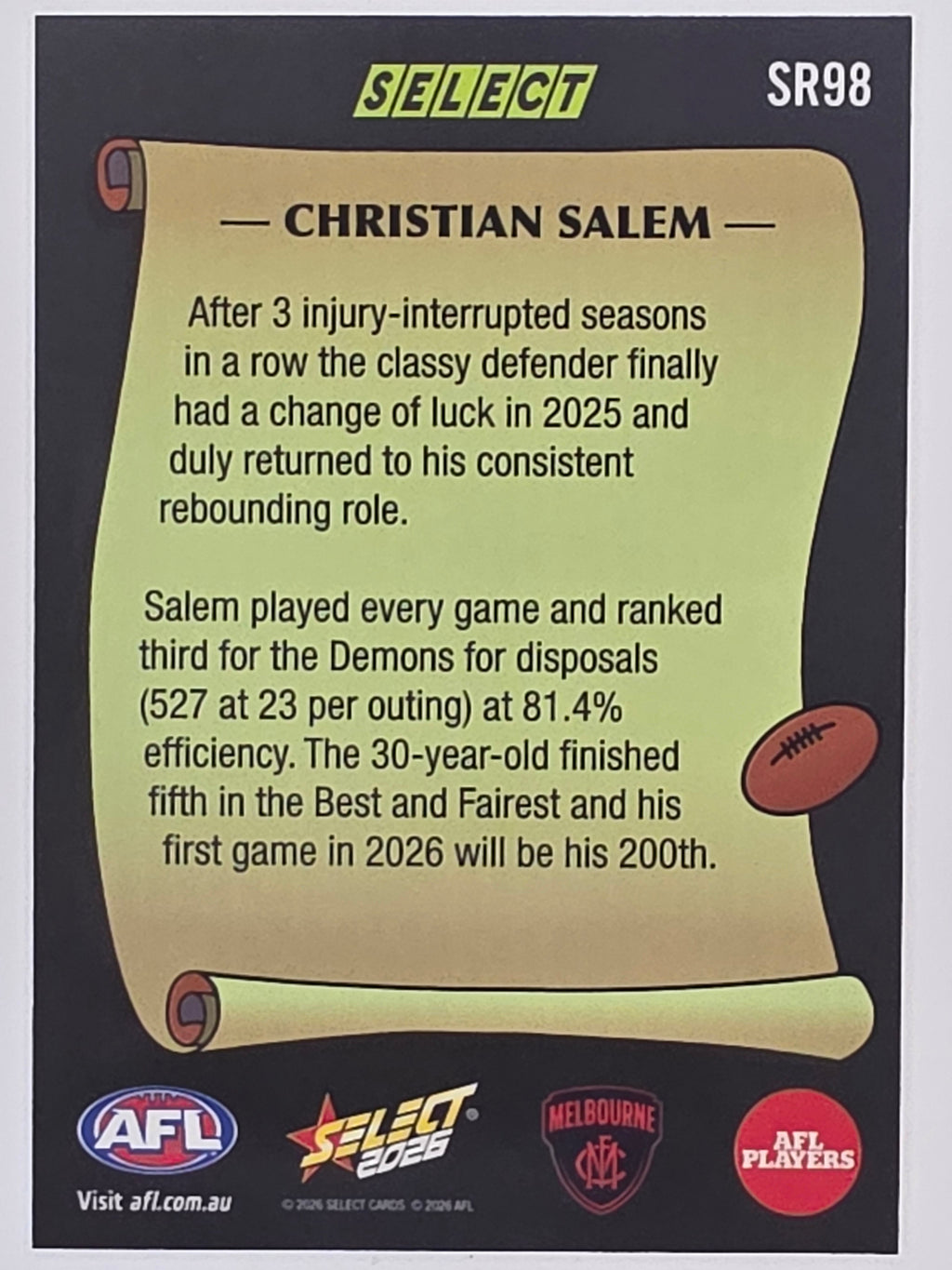 2026 AFL Footy Stars Select Rewind SR98 Christian Salem - Melbourne Demons