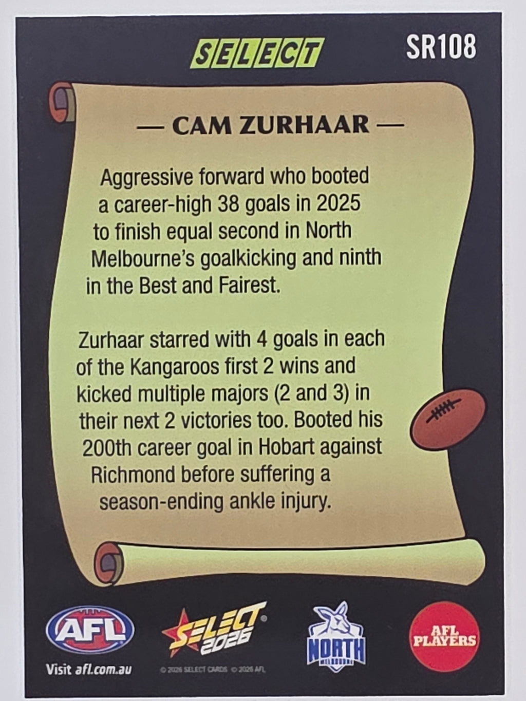 2026 AFL Footy Stars Select Rewind SR108 Cam Zurhaar - North Melbourne Kangaroos
