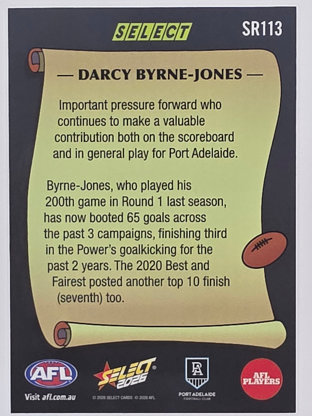 2026 AFL Footy Stars Select Rewind SR113 Darcy Byrne-Jones - Port Adelaide Power