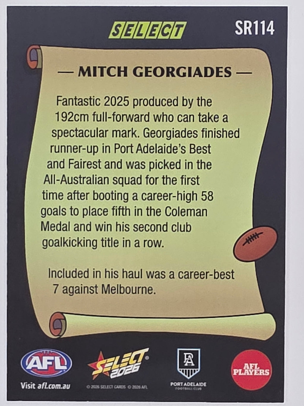 2026 AFL Footy Stars Select Rewind SR114 Mitch Georgiades - Port Adelaide Power