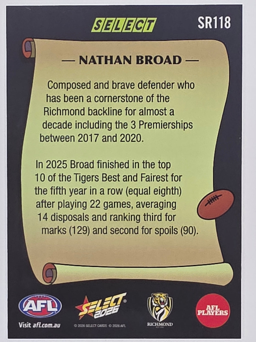 2026 AFL Footy Stars Select Rewind SR118 Nathan Broad - Richmond Tigers
