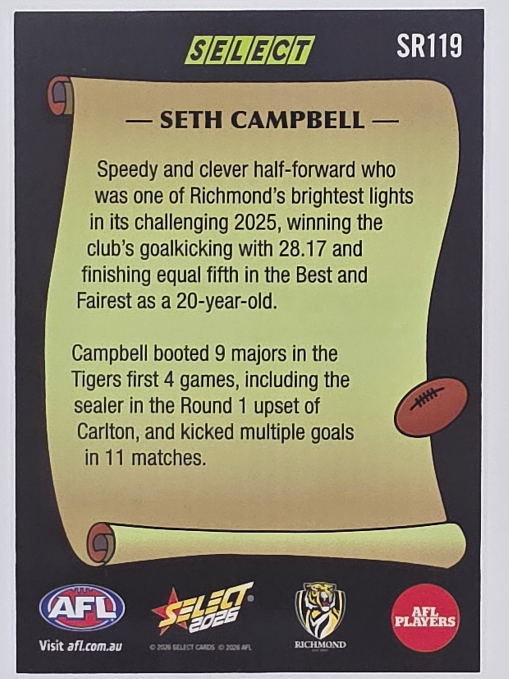 2026 AFL Footy Stars Select Rewind SR119 Seth Campbell - Richmond Tigers