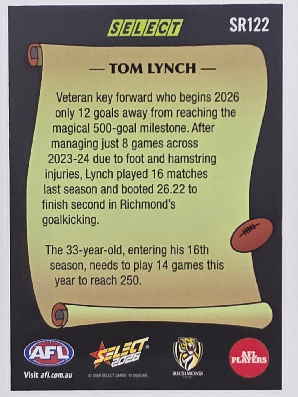 2026 AFL Footy Stars Select Rewind SR122 Tom Lynch - Richmond Tigers