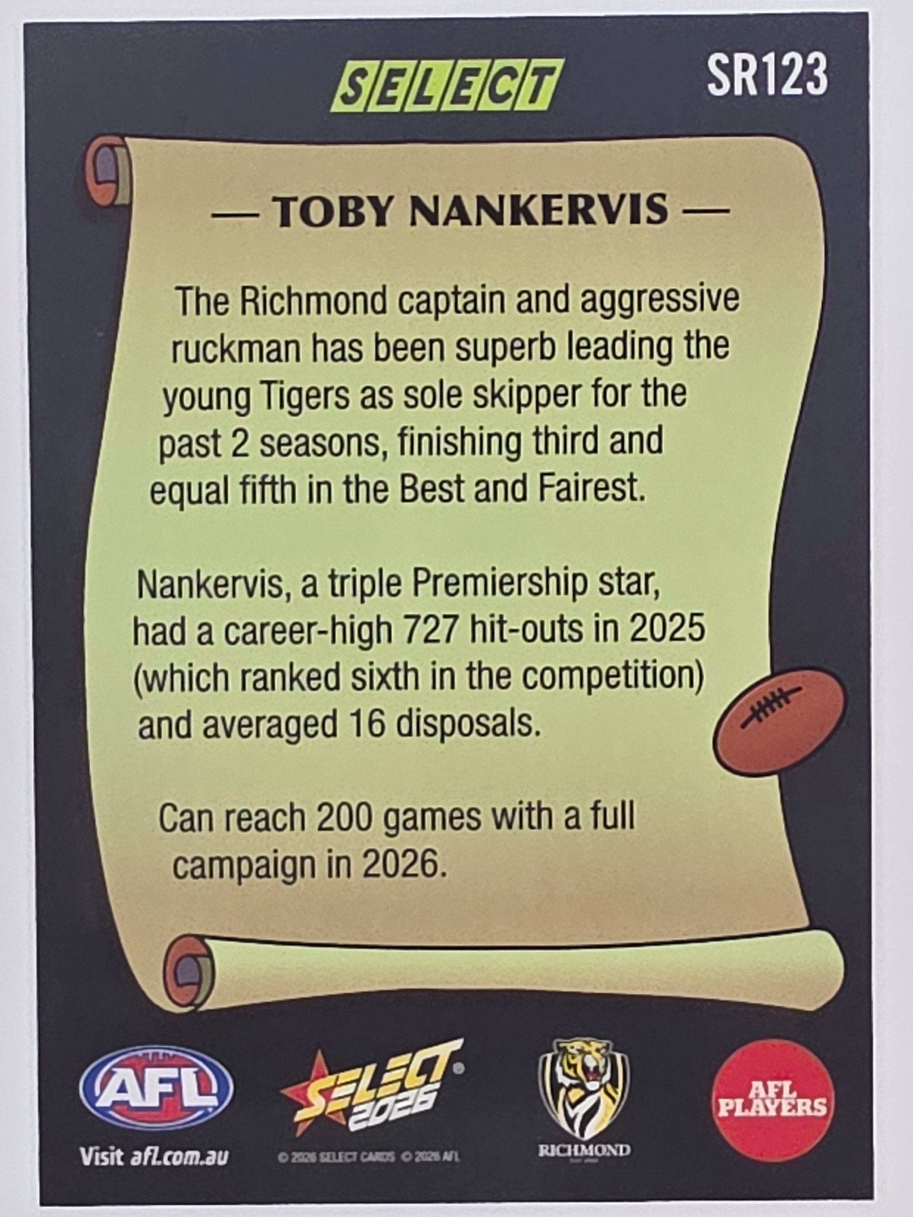 2026 AFL Footy Stars Select Rewind SR123 Toby Nankervis - Richmond Tigers