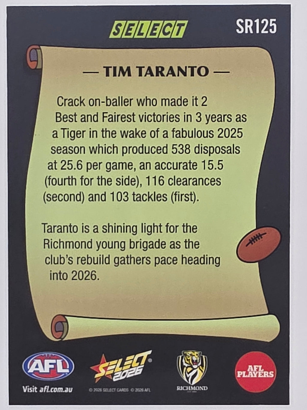 2026 AFL Footy Stars Select Rewind SR125 Tim Taranto - Richmond Tigers