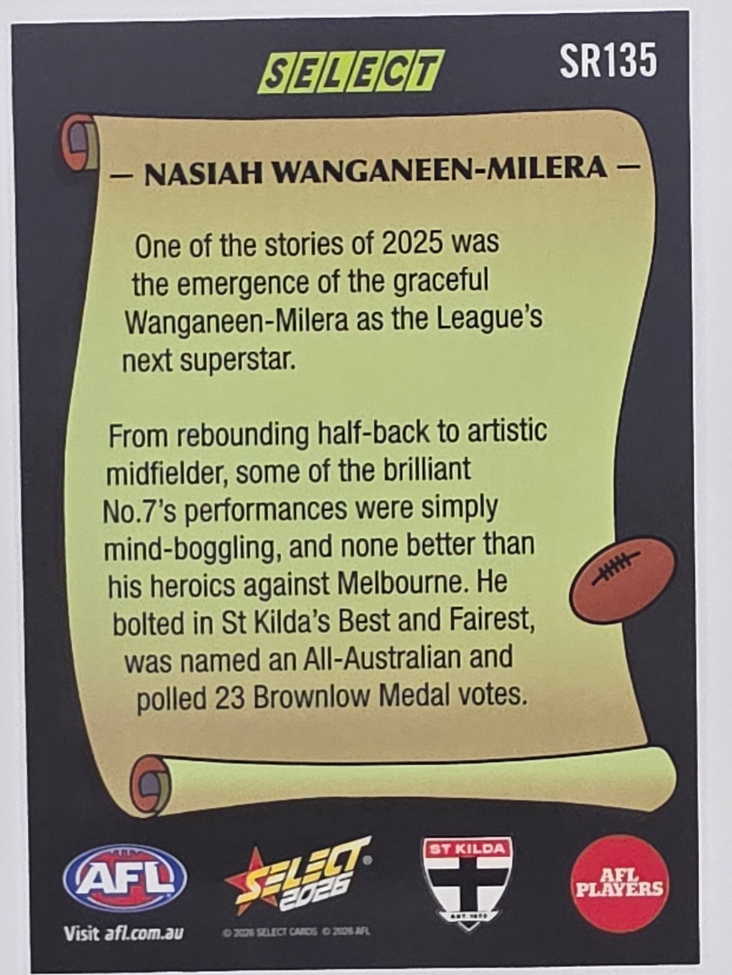 2026 AFL Footy Stars Select Rewind SR135 Nasiah Wanganeen-Milera - St Kilda Saints