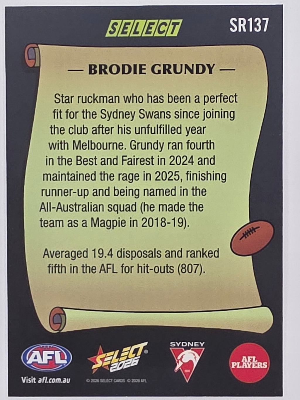 2026 AFL Footy Stars Select Rewind SR137 Brodie Grundy - Sydney Swans