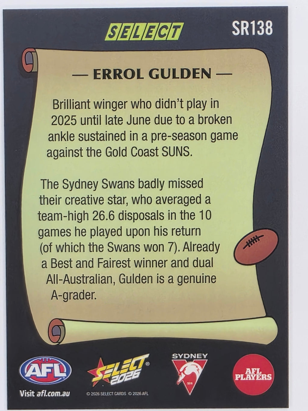 2026 AFL Footy Stars Select Rewind SR138 Errol Gulden - Sydney Swans