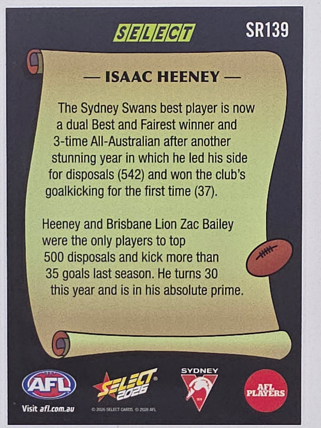 2026 AFL Footy Stars Select Rewind SR139 Isaac Heeney - Sydney Swans