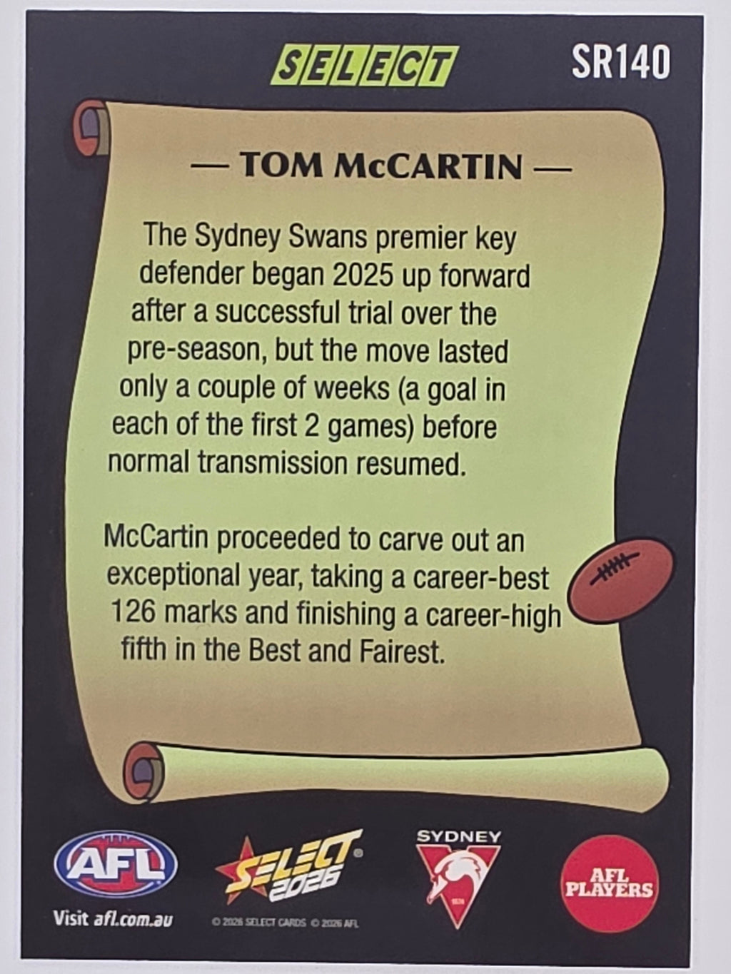 2026 AFL Footy Stars Select Rewind SR140 Tom McCartin - Sydney Swans