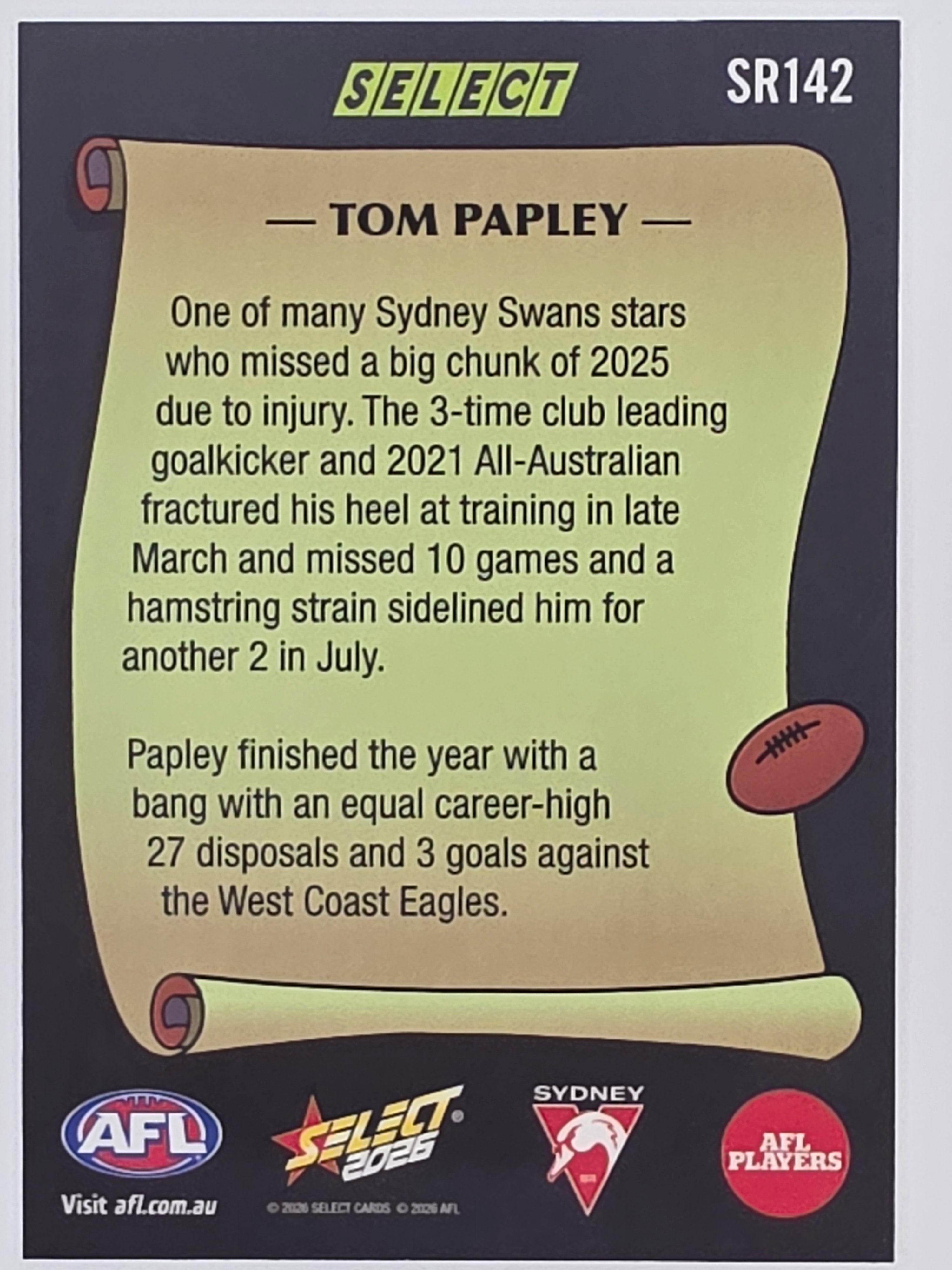 2026 AFL Footy Stars Select Rewind SR142 Tom Papley - Sydney Swans