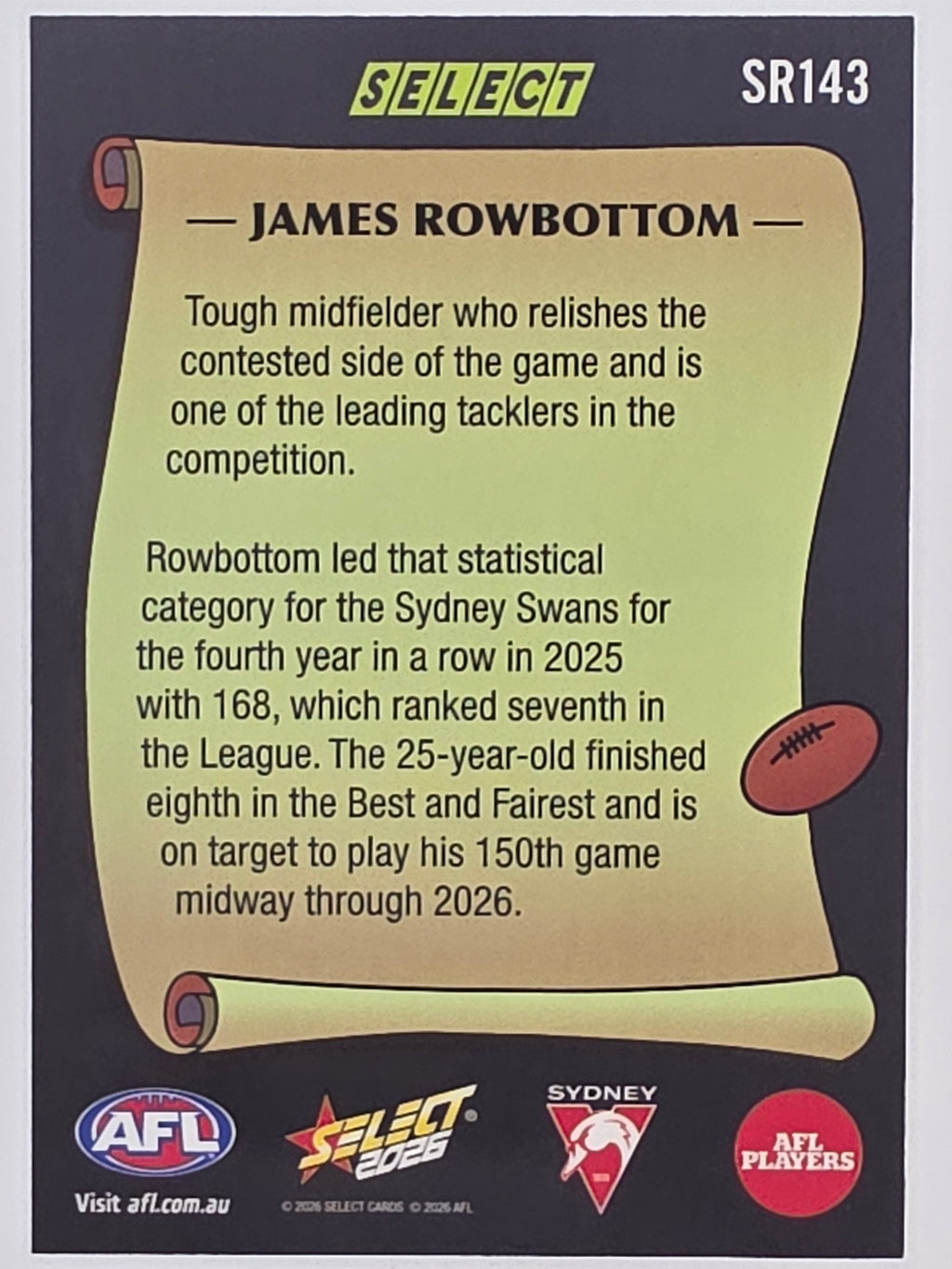 2026 AFL Footy Stars Select Rewind SR143 James Rowbottom - Sydney Swans