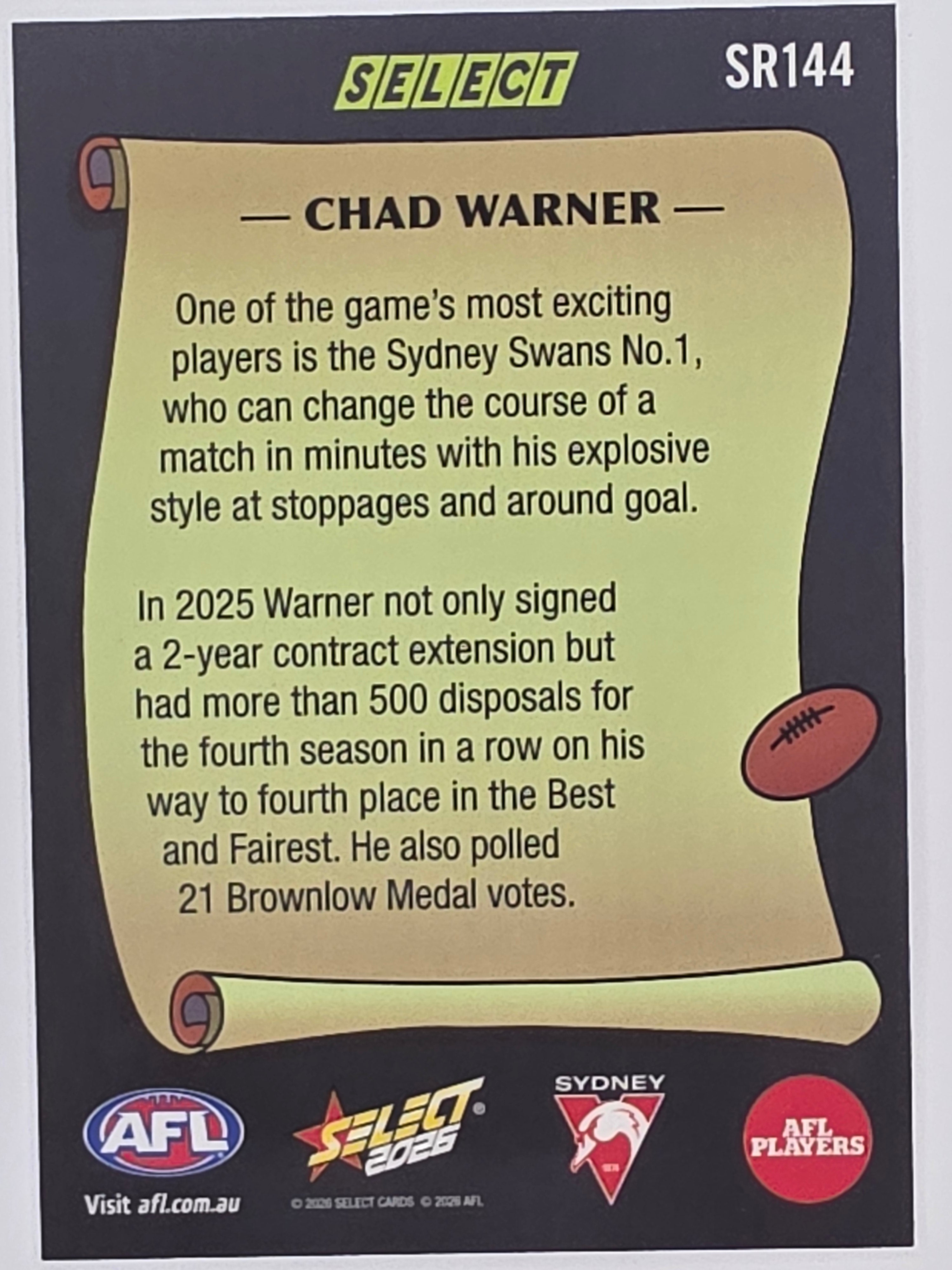 2026 AFL Footy Stars Select Rewind SR144 Chad Warner - Sydney Swans