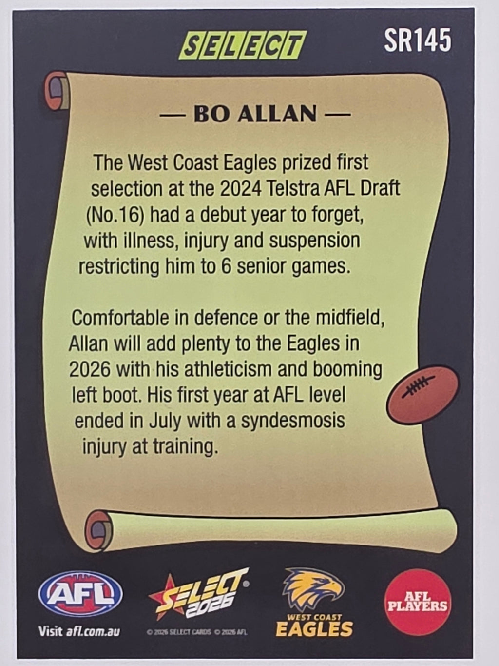 2026 AFL Footy Stars Select Rewind SR145 Bo Allan - West Coast Eagles