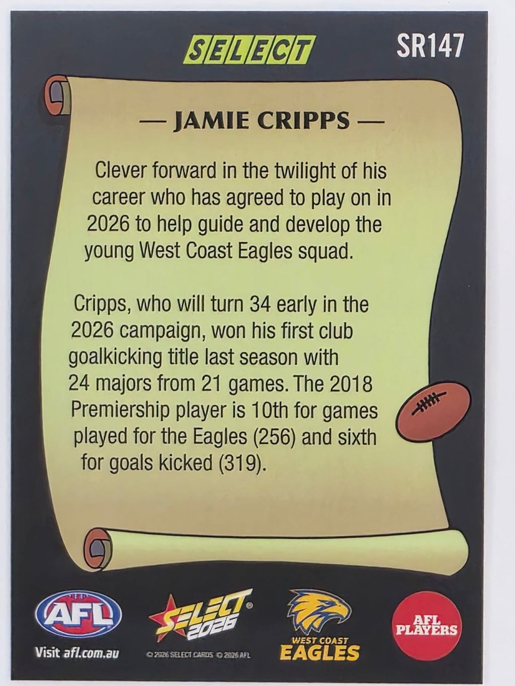 2026 AFL Footy Stars Select Rewind SR147 Jamie Cripps - West Coast Eagles