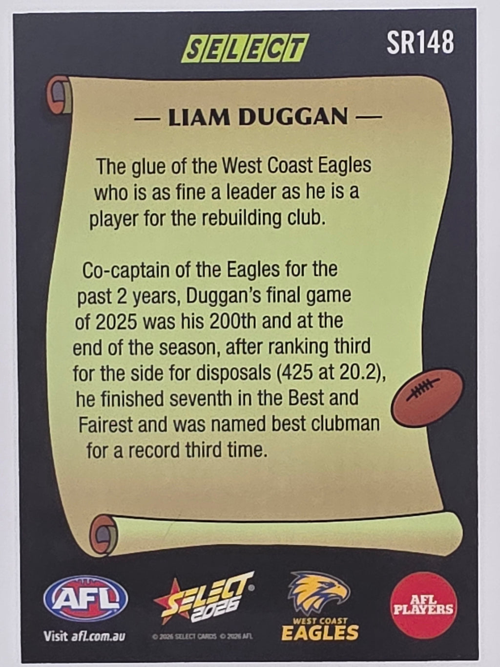 2026 AFL Footy Stars Select Rewind SR148 Liam Duggan - West Coast Eagles
