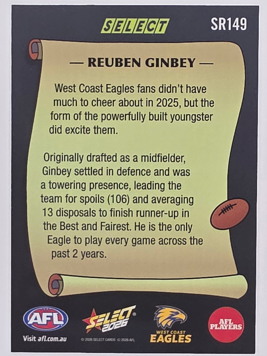 2026 AFL Footy Stars Select Rewind SR149 Reuben Ginbey - West Coast Eagles