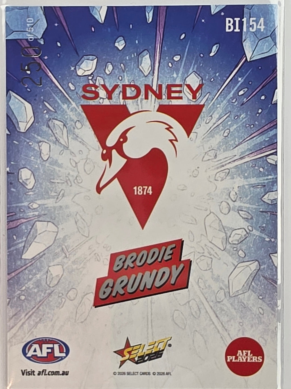 2026 AFL Footy Stars Booom Ice BI154 #250/510 Brodie Grundy - Sydney Swans