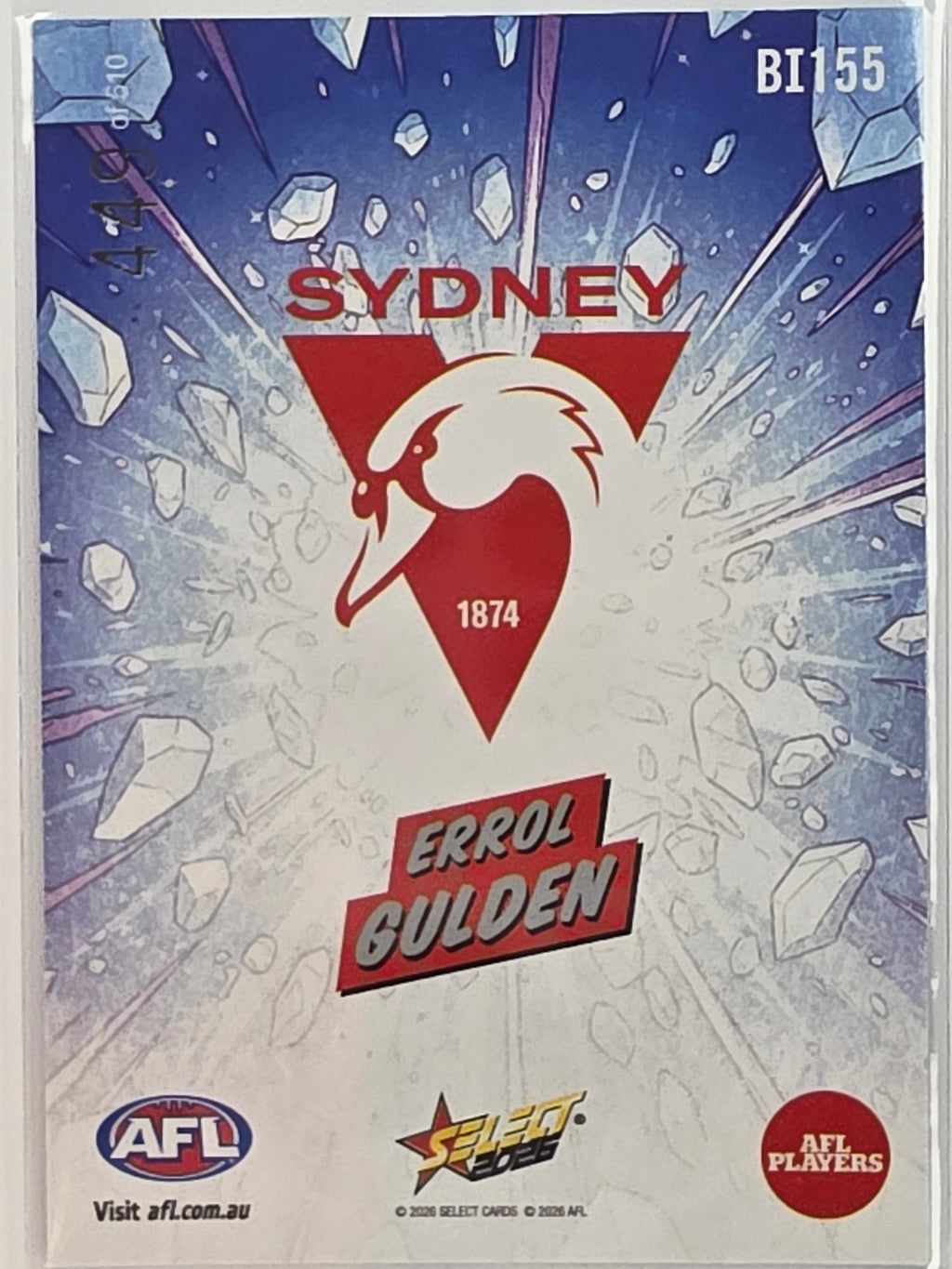 2026 AFL Footy Stars Booom Ice BI155 #449/510 Errol Gulden - Sydney Swans