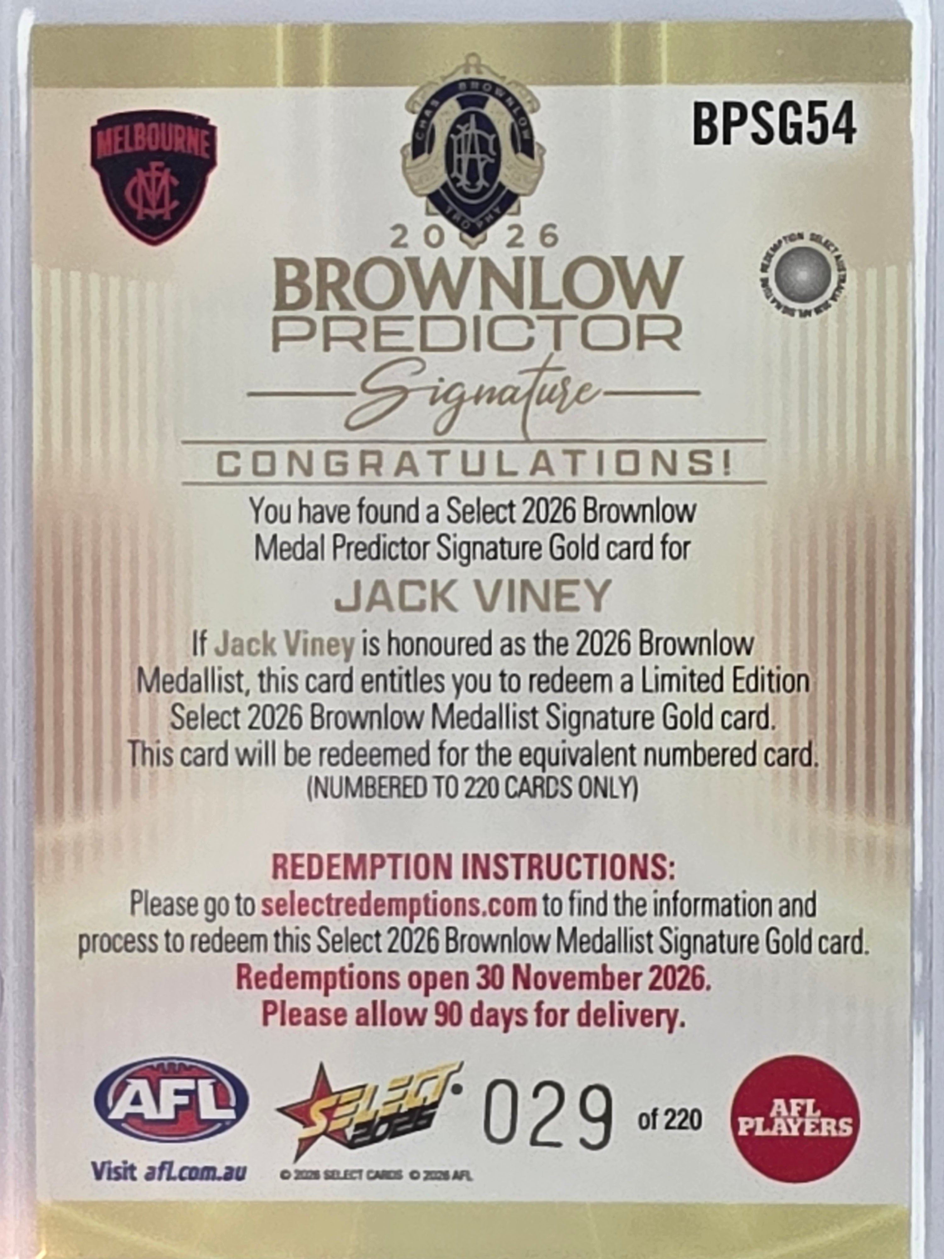 2026 AFL Select Footy Stars Brownlow Predictor Signature Gold BPSG54 #029/220 Jack Viney - Melbourne Demons