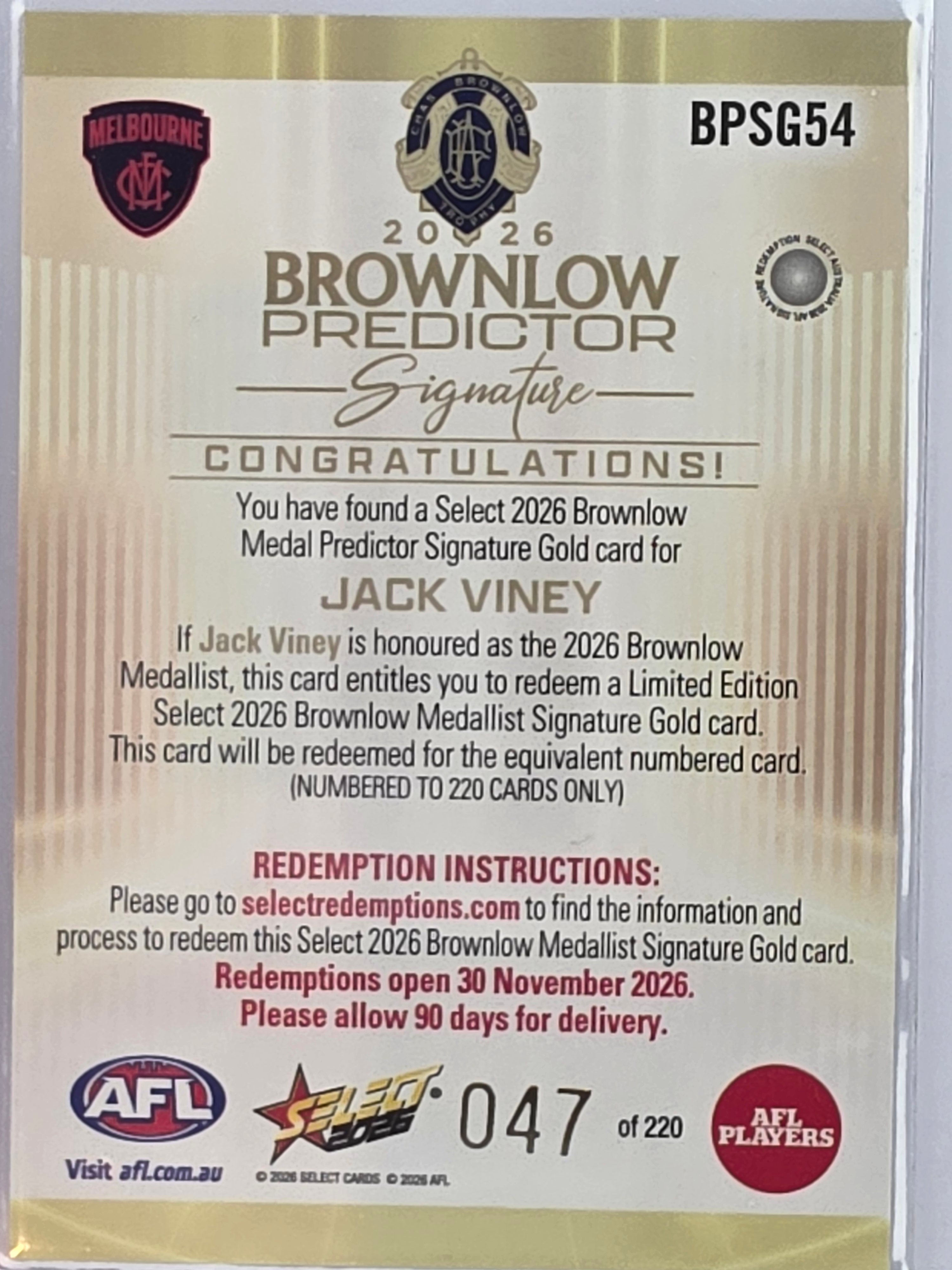 2026 AFL Select Footy Stars Brownlow Predictor Signature Gold BPSG54 #047/220 Jack Viney - Melbourne Demons