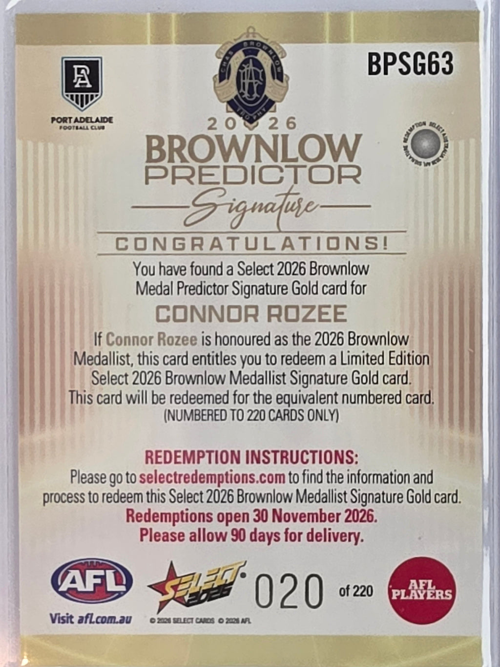 2026 AFL Select Footy Stars Brownlow Predictor Signature Gold BPSG63 #020/220 Connor Rozee - Port Adelaide Power