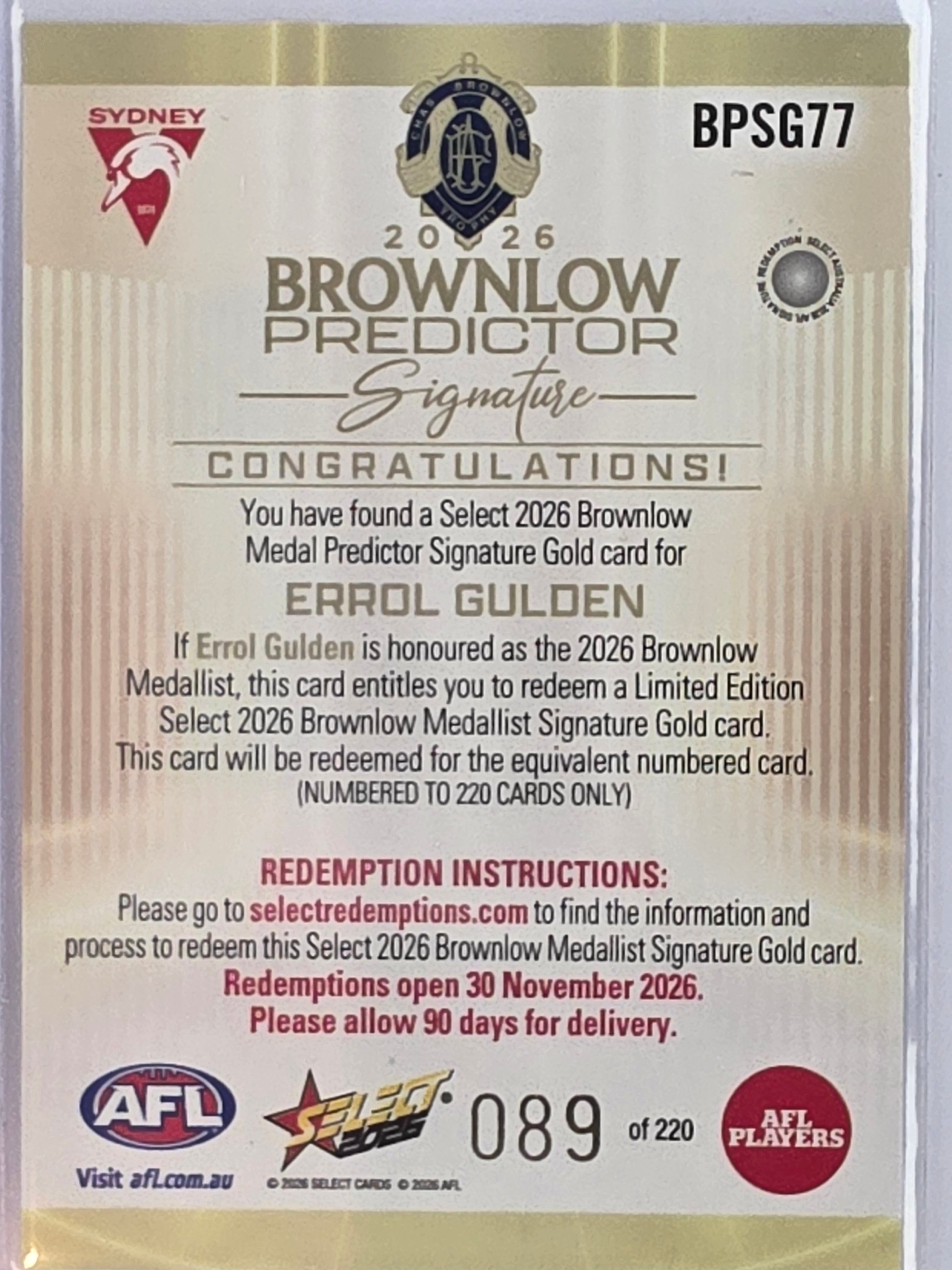 2026 AFL Select Footy Stars Brownlow Predictor Signature Gold BPSG77 #089/220 Errol Gulden - Sydney Swans