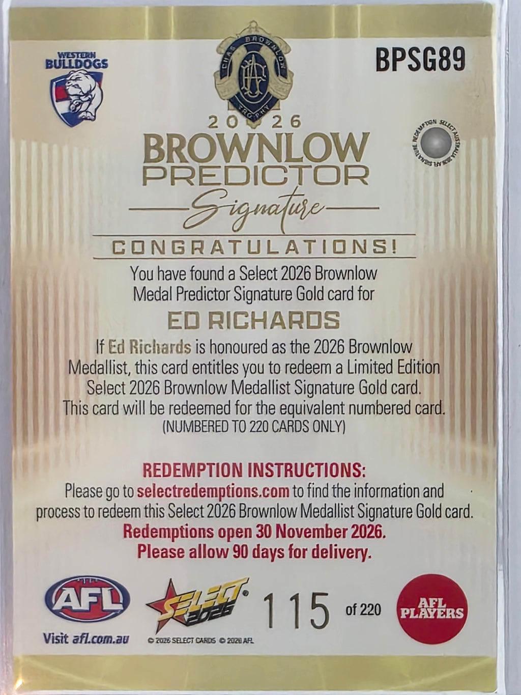 2026 AFL Select Footy Stars Brownlow Predictor Signature Gold BPSG89 #115/220 Ed Richards - Western Bulldogs