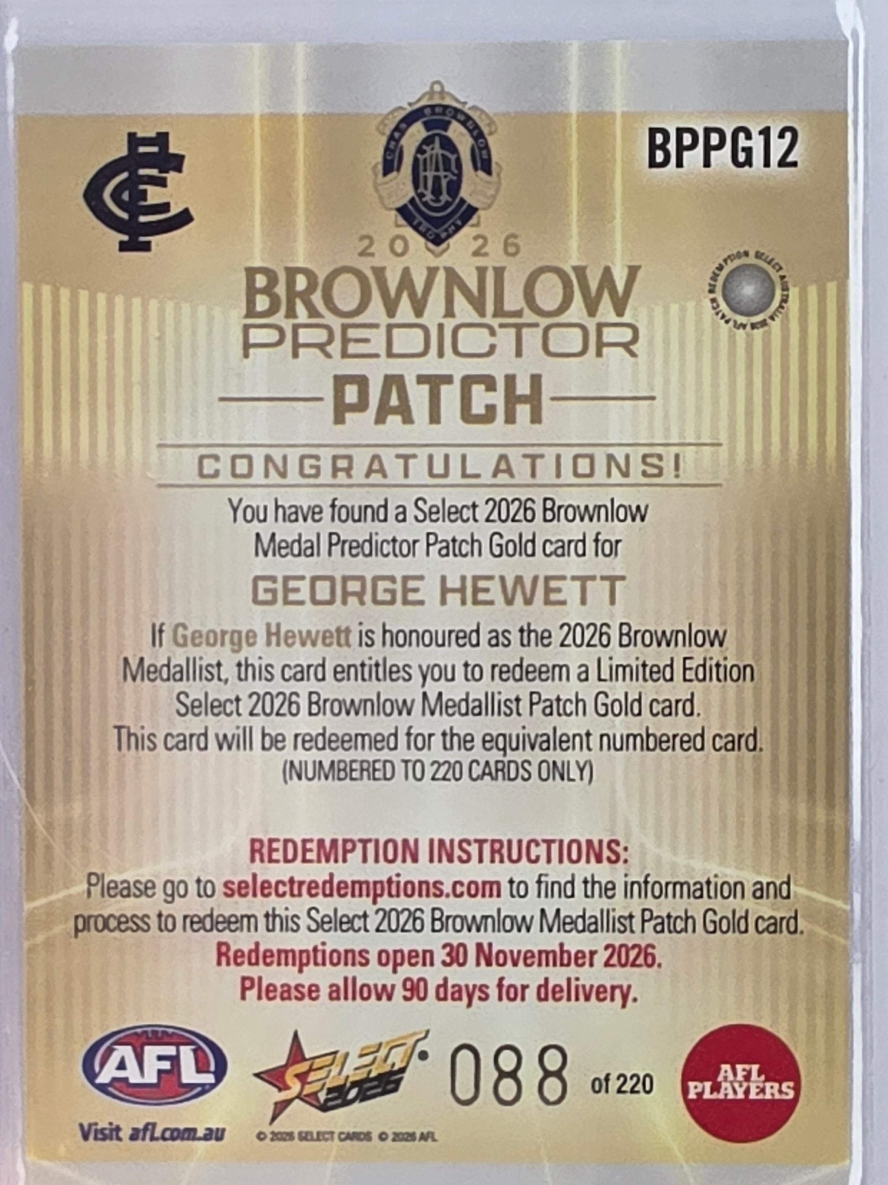 2026 AFL Select Footy Stars Brownlow Predictor Patch Gold BPPG12 #088/220 George Hewett - Carlton Blues