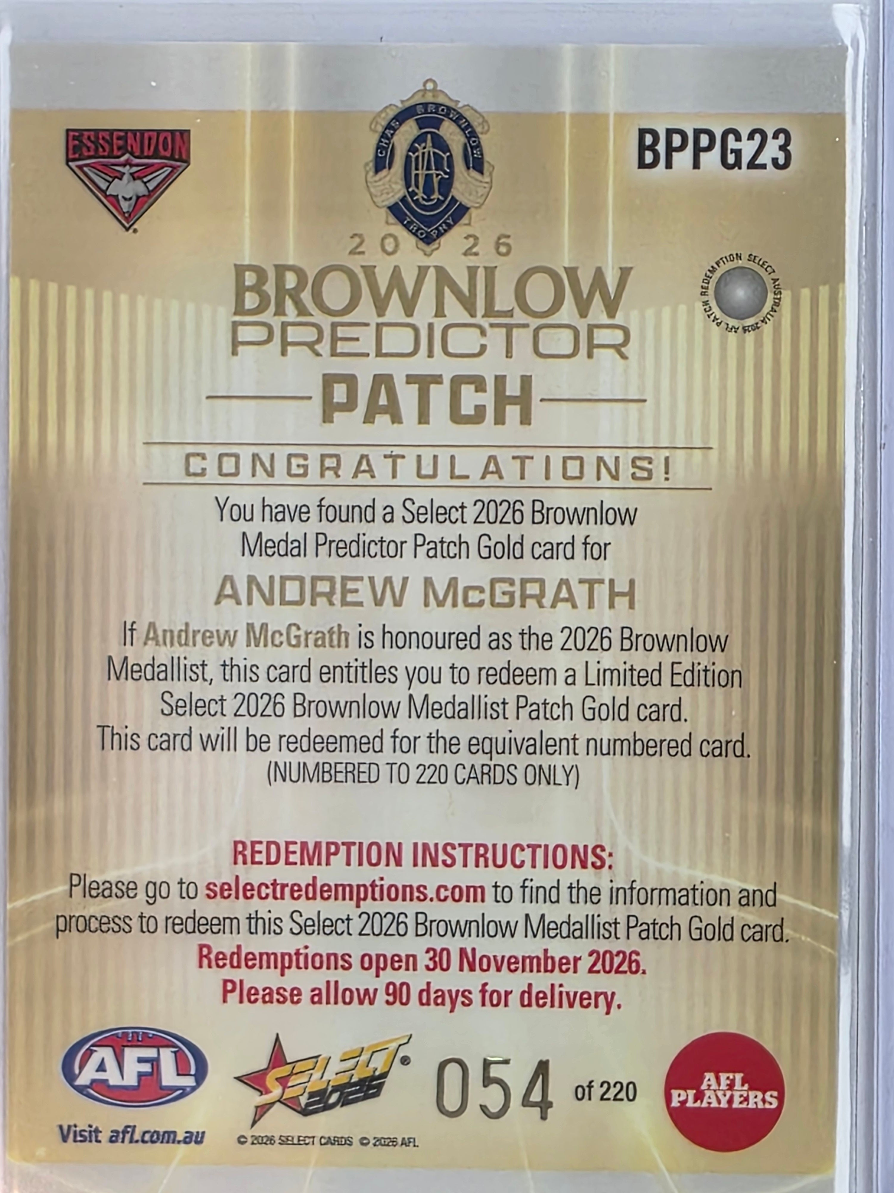 2026 AFL Select Footy Stars Brownlow Predictor Patch Gold BPPG23 #054/220 Andrew McGrath - Essendon Bombers