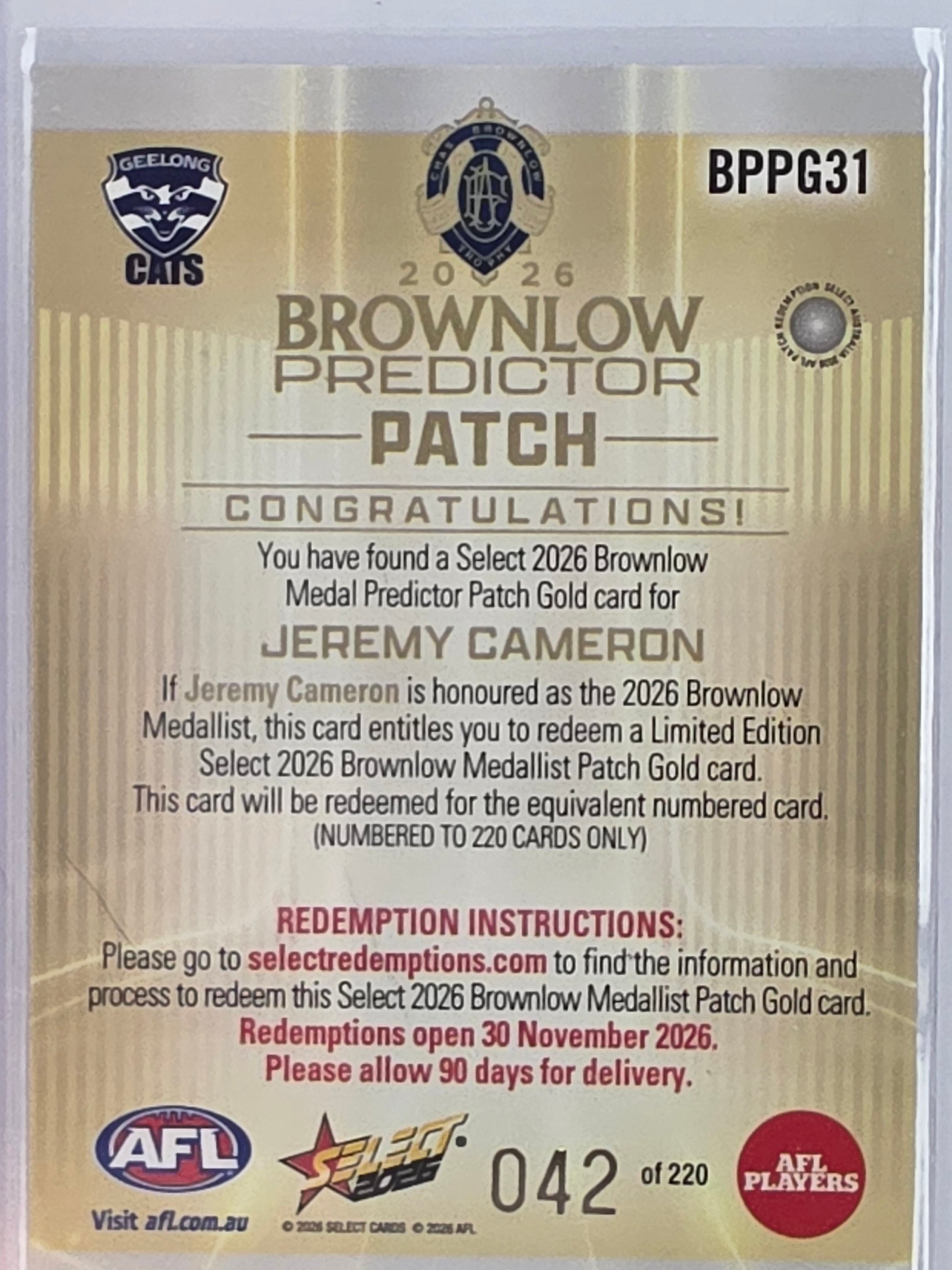2026 AFL Select Footy Stars Brownlow Predictor Patch Gold BPPG31 #042/220 Jeremy Cameron - Geelong Cats